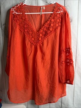 grand & greene Orange Crochet V-Neck Tunic Top boho xl-1046